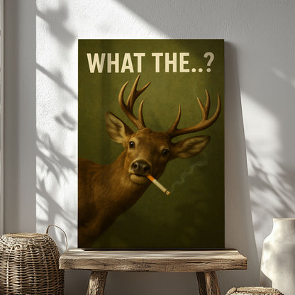 Funny Deer Canvas Wall Art – What The..? Smoking Deer Hunting Cabin Décor