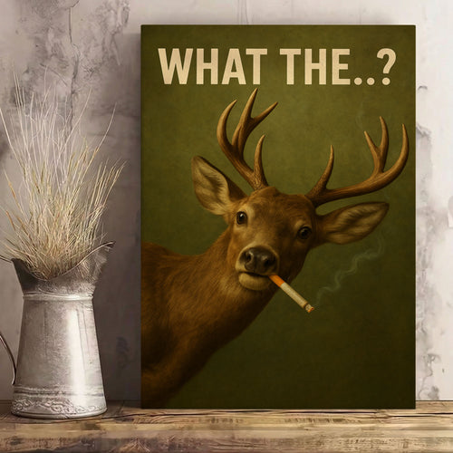 Funny Deer Canvas Wall Art – What The..? Smoking Deer Hunting Cabin Décor