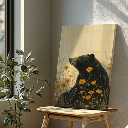 Rustic Bear Canvas Wall Art – Wildlife Flower Meadow Decor