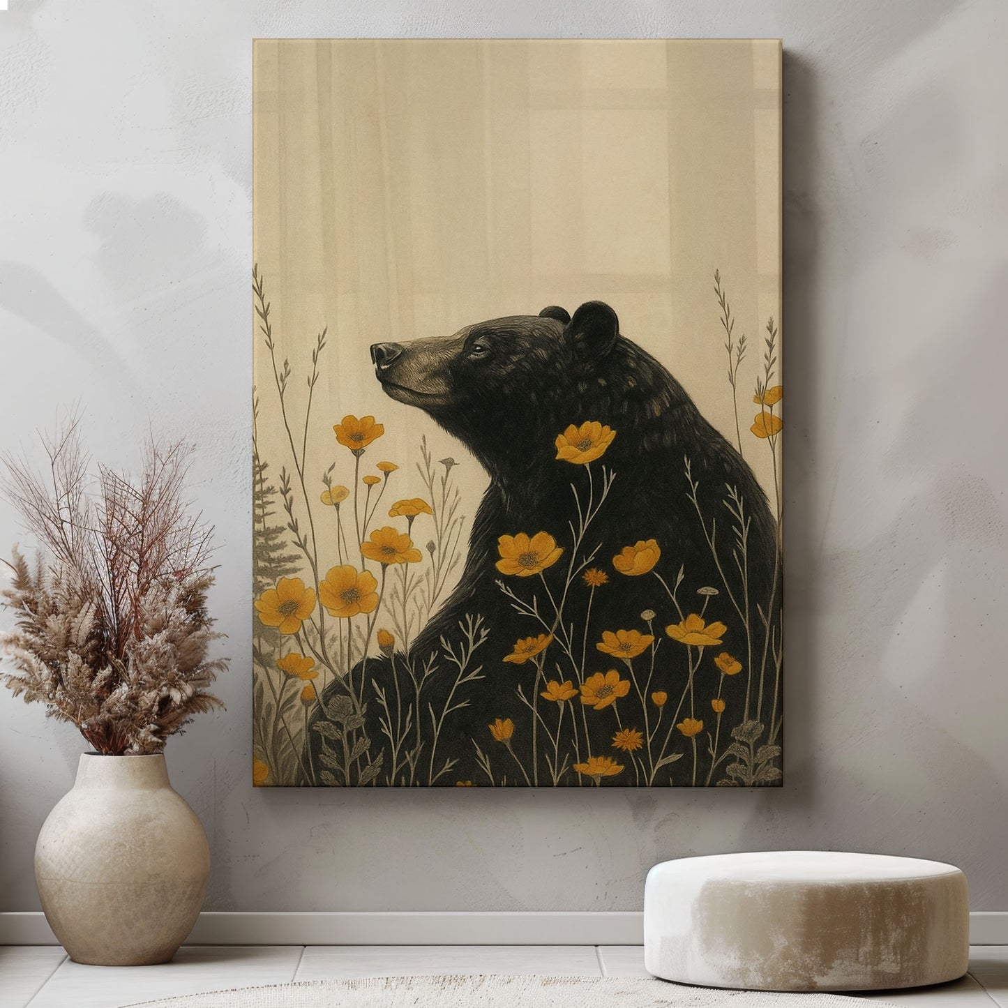 Rustic Bear Canvas Wall Art – Wildlife Flower Meadow Decor