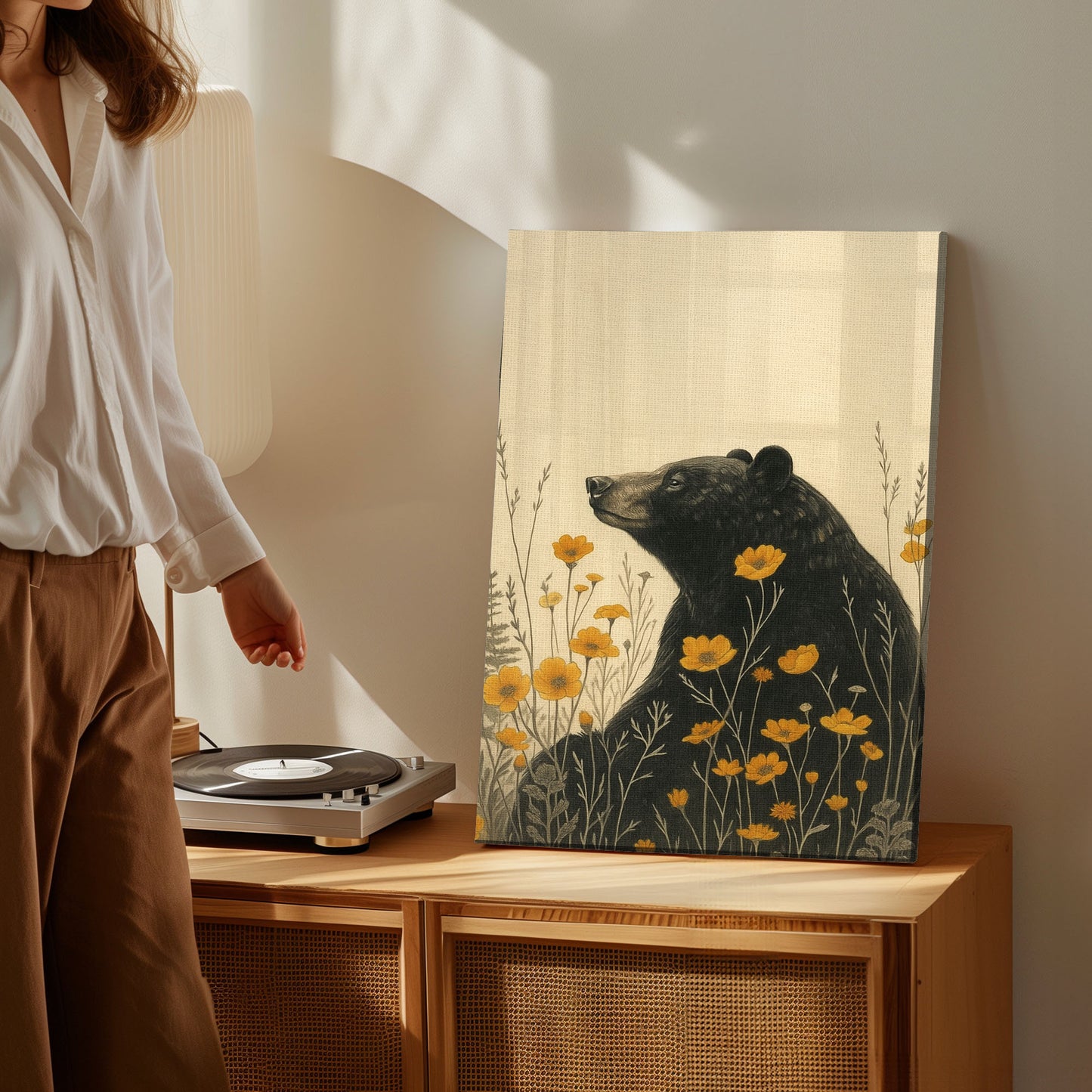 Rustic Bear Canvas Wall Art – Wildlife Flower Meadow Decor