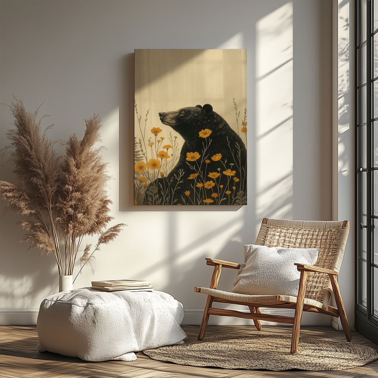 Rustic Bear Canvas Wall Art – Wildlife Flower Meadow Decor