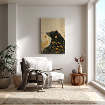 Rustic Bear Canvas Wall Art – Wildlife Flower Meadow Decor