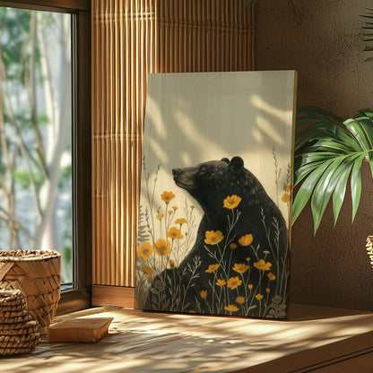 Rustic Bear Canvas Wall Art – Wildlife Flower Meadow Decor