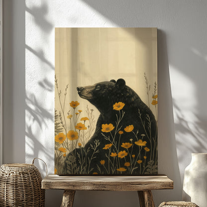 Rustic Bear Canvas Wall Art – Wildlife Flower Meadow Decor