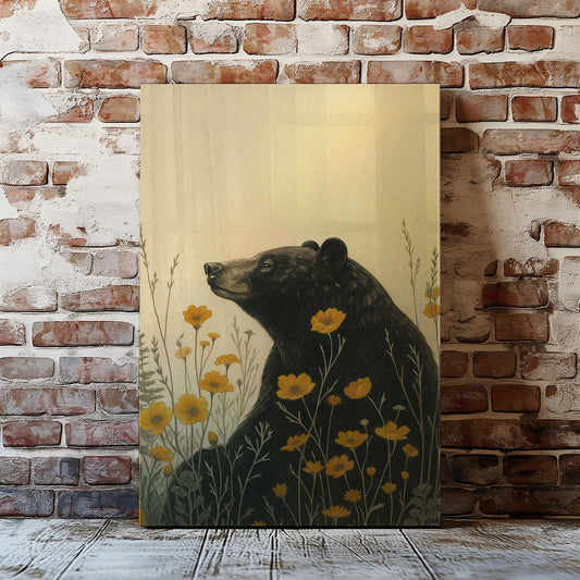 Rustic Bear Canvas Wall Art – Wildlife Flower Meadow Decor
