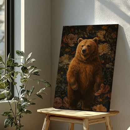 Vintage Bear Floral Canvas Print – Rustic Wildlife Wall Art