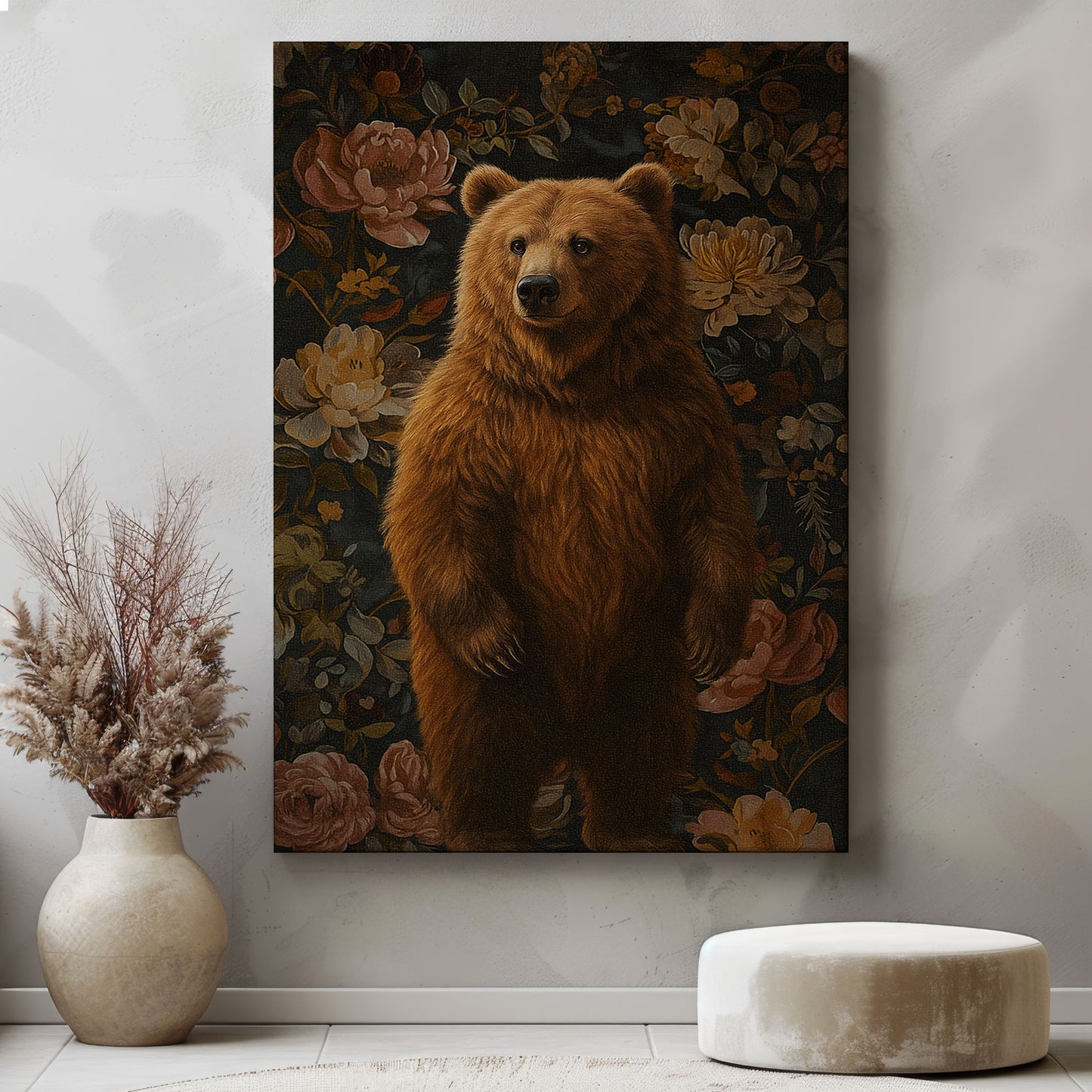 Vintage Bear Floral Canvas Print – Rustic Wildlife Wall Art
