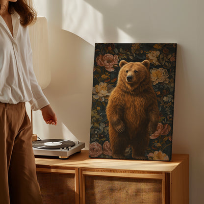 Vintage Bear Floral Canvas Print – Rustic Wildlife Wall Art