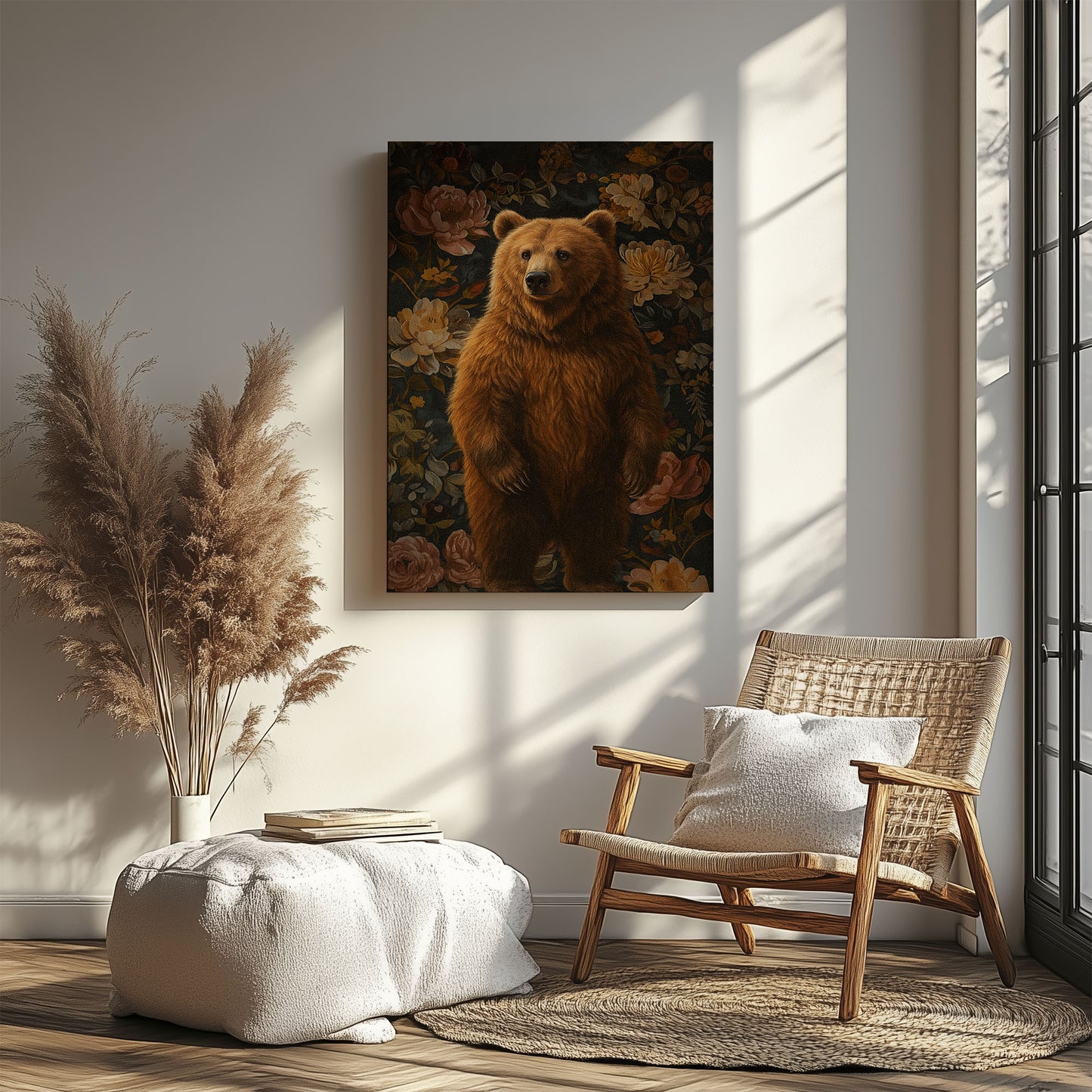 Vintage Bear Floral Canvas Print – Rustic Wildlife Wall Art