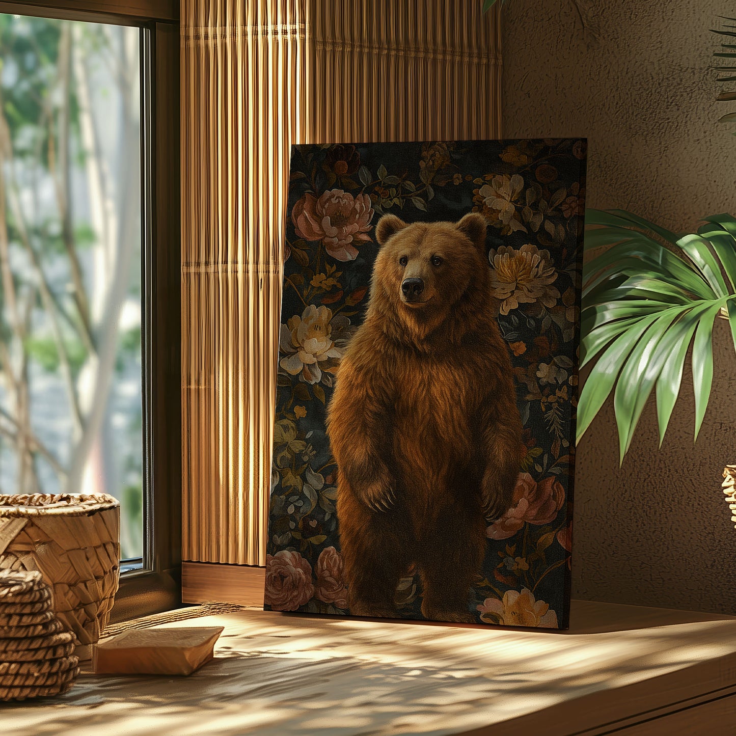 Vintage Bear Floral Canvas Print – Rustic Wildlife Wall Art
