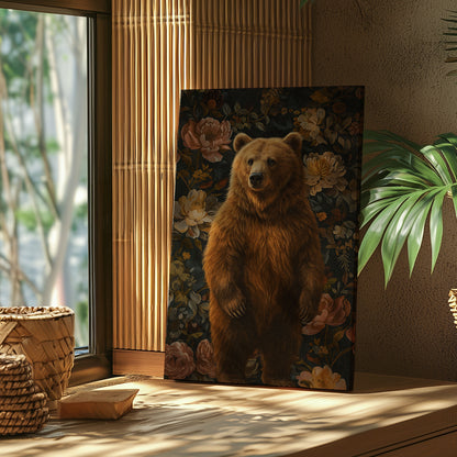 Vintage Bear Floral Canvas Print – Rustic Wildlife Wall Art