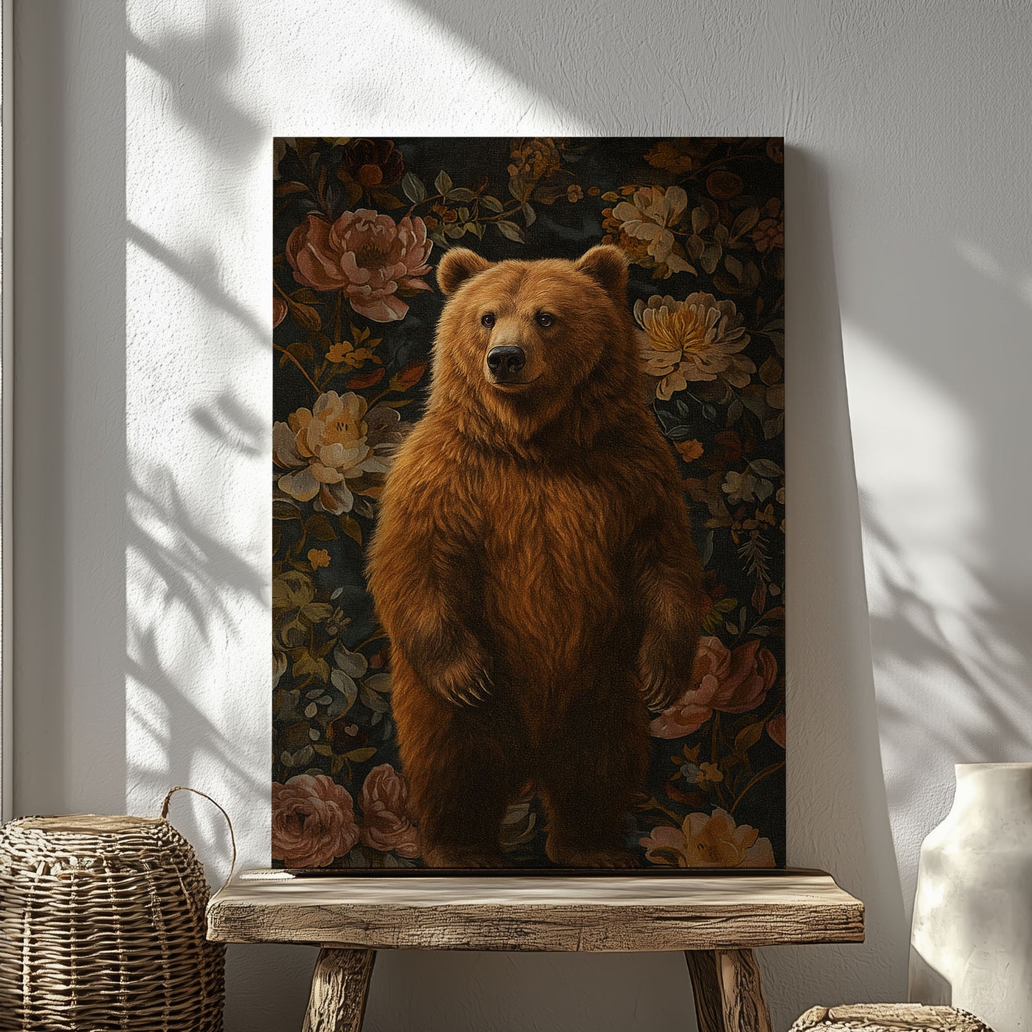 Vintage Bear Floral Canvas Print – Rustic Wildlife Wall Art