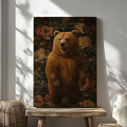 Vintage Bear Floral Canvas Print – Rustic Wildlife Wall Art