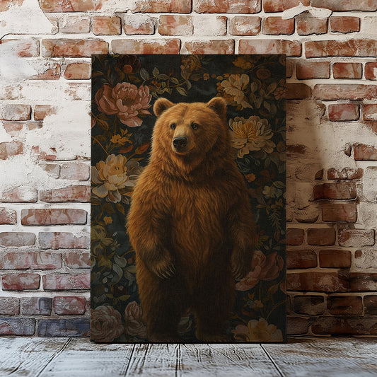 Vintage Bear Floral Canvas Print – Rustic Wildlife Wall Art