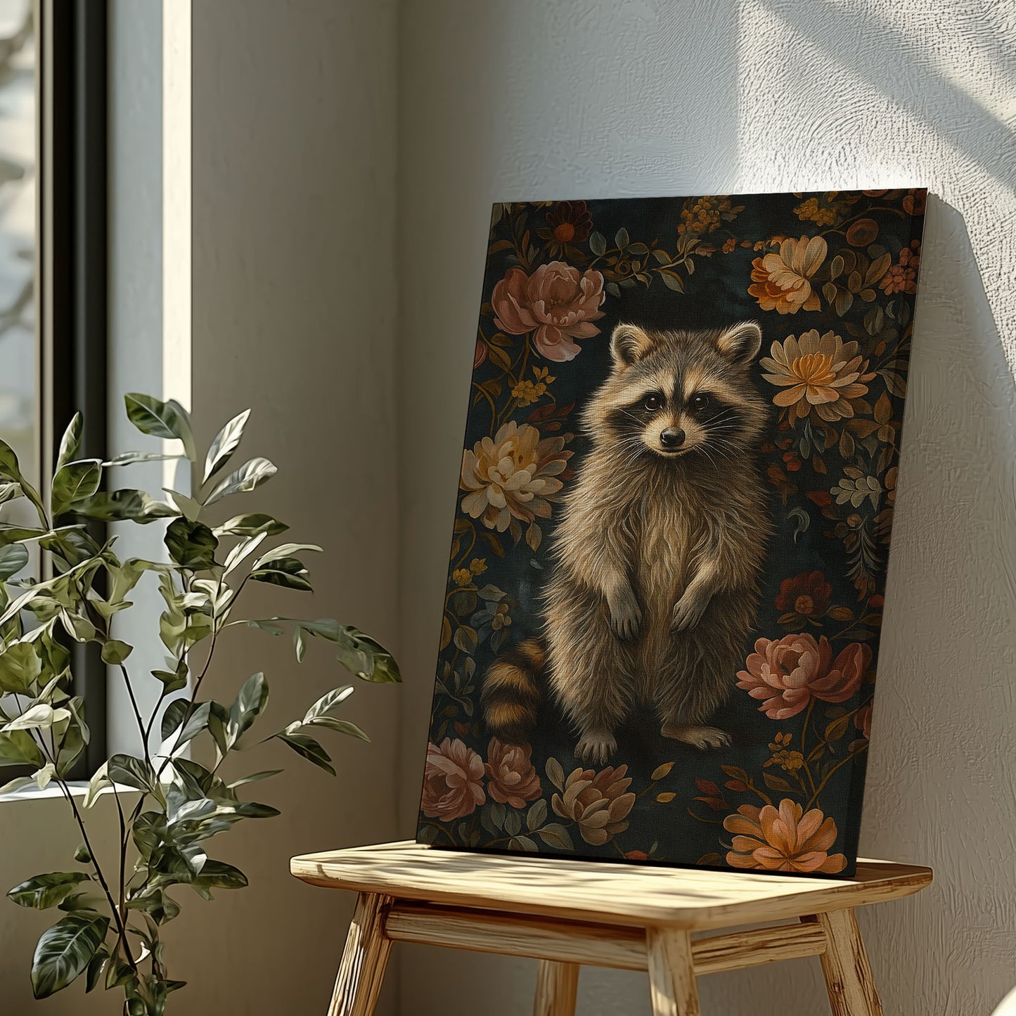 Vintage Raccoon Floral Canvas Print – Rustic Wildlife Wall Art