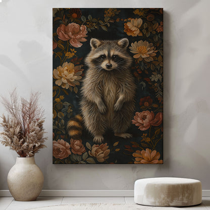 Vintage Raccoon Floral Canvas Print – Rustic Wildlife Wall Art