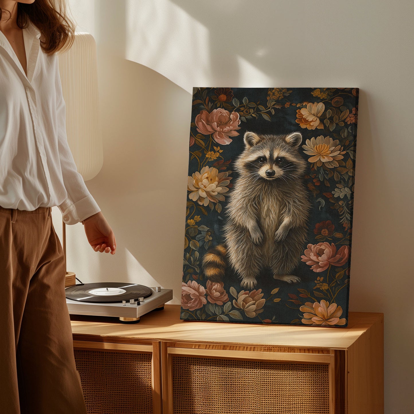 Vintage Raccoon Floral Canvas Print – Rustic Wildlife Wall Art
