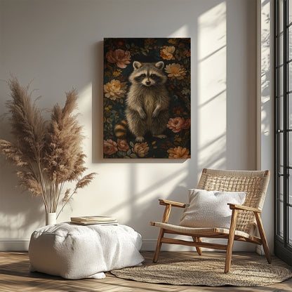 Vintage Raccoon Floral Canvas Print – Rustic Wildlife Wall Art