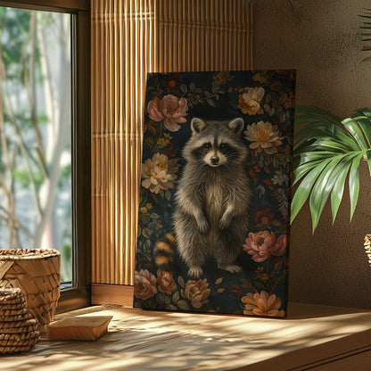 Vintage Raccoon Floral Canvas Print – Rustic Wildlife Wall Art