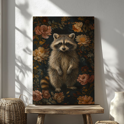 Vintage Raccoon Floral Canvas Print – Rustic Wildlife Wall Art