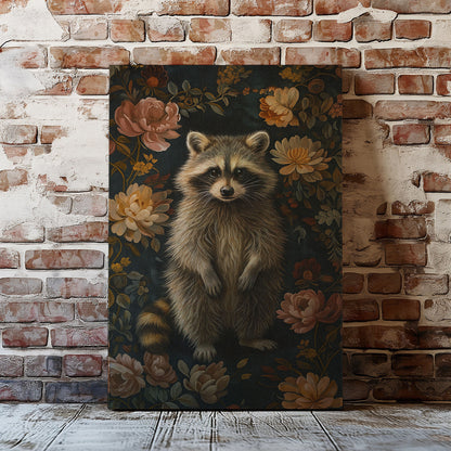 Vintage Raccoon Floral Canvas Print – Rustic Wildlife Wall Art