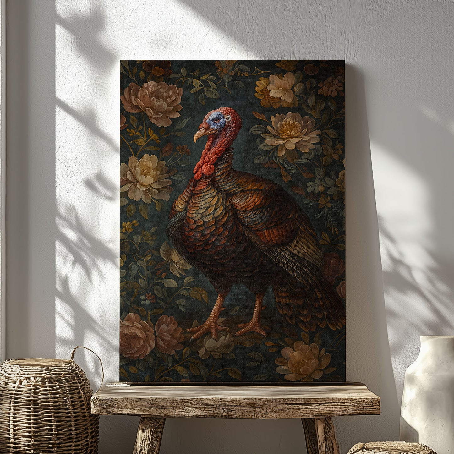 Vintage Turkey Canvas Print – Rustic Floral Wildlife Wall Art