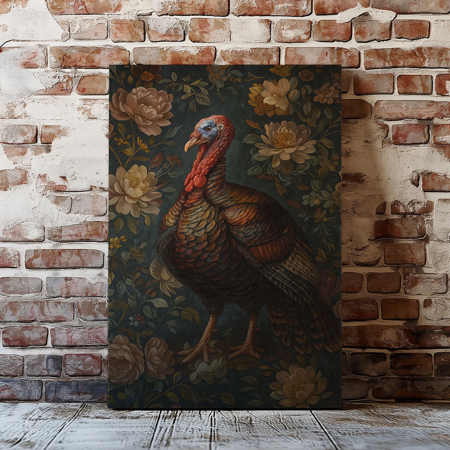 Vintage Turkey Canvas Print – Rustic Floral Wildlife Wall Art