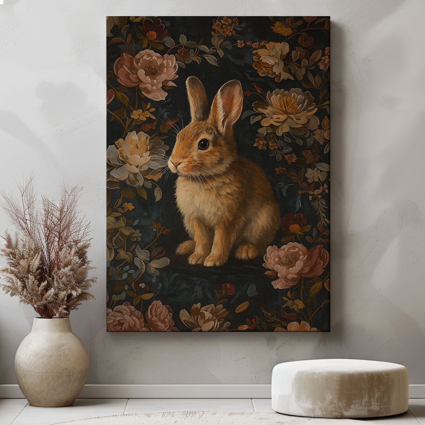 Vintage Rabbit Floral Canvas Print – Wildlife Forest Wall Art