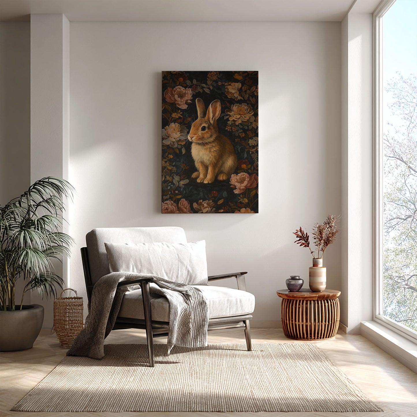 Vintage Rabbit Floral Canvas Print – Wildlife Forest Wall Art