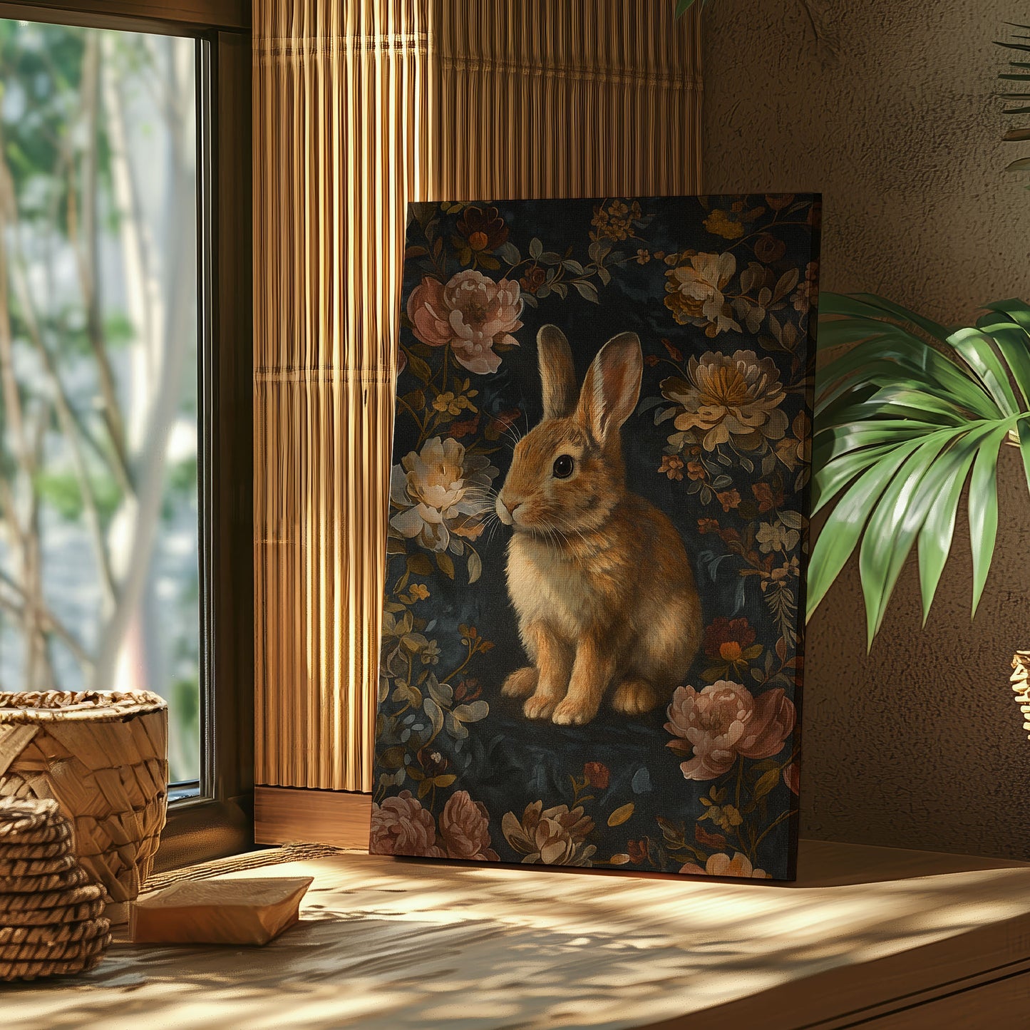 Vintage Rabbit Floral Canvas Print – Wildlife Forest Wall Art