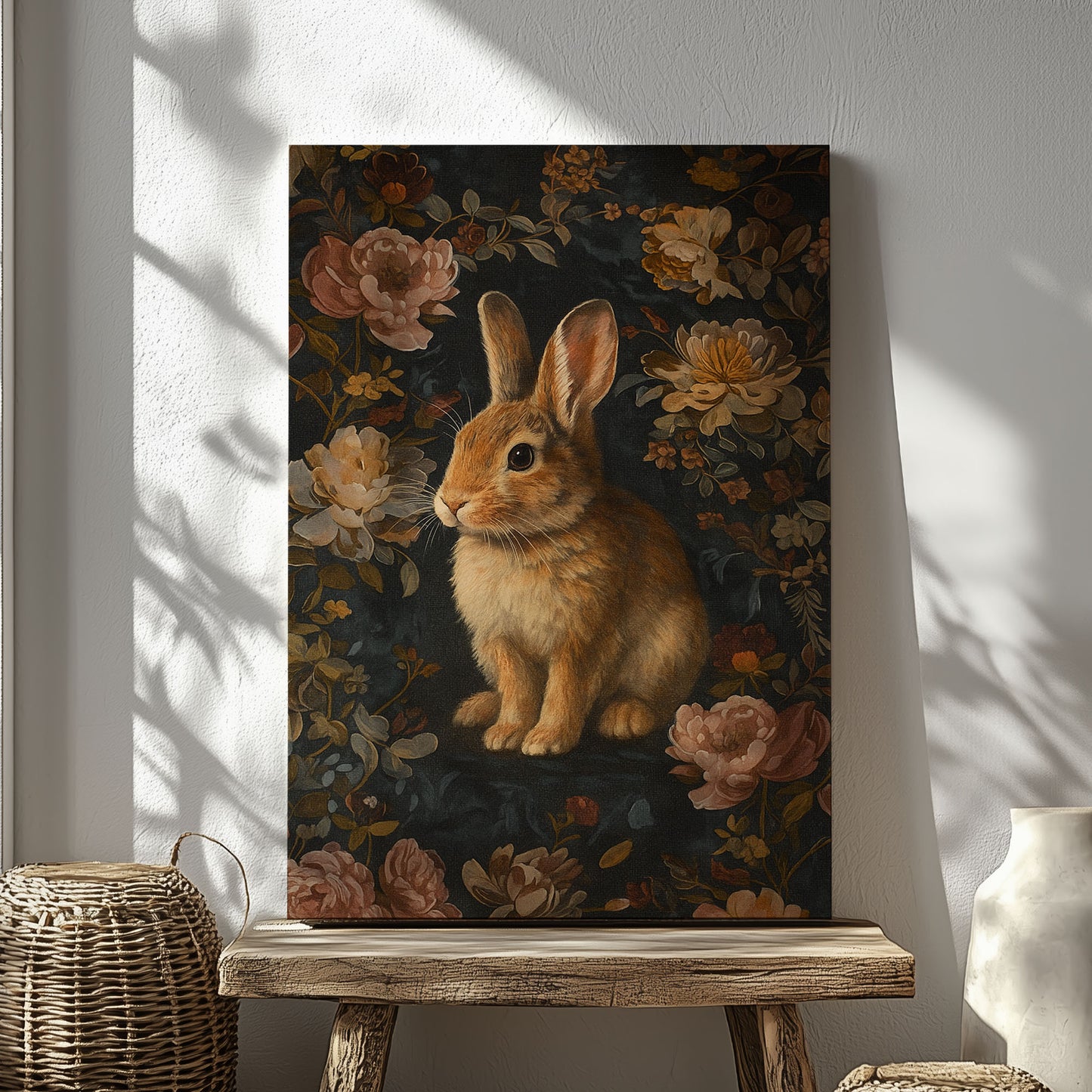 Vintage Rabbit Floral Canvas Print – Wildlife Forest Wall Art