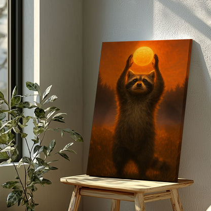 Raccoon Holding Sun Canvas Wall Art – Forest Sunset Wildlife Décor