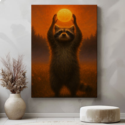 Raccoon Holding Sun Canvas Wall Art – Forest Sunset Wildlife Décor