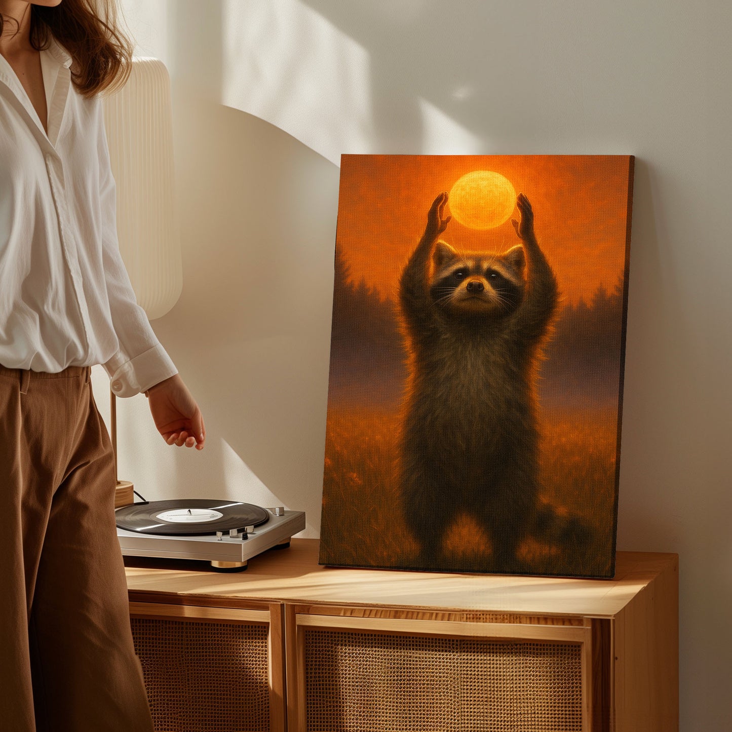 Raccoon Holding Sun Canvas Wall Art – Forest Sunset Wildlife Décor