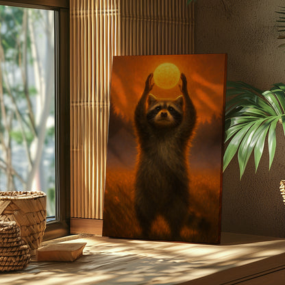 Raccoon Holding Sun Canvas Wall Art – Forest Sunset Wildlife Décor