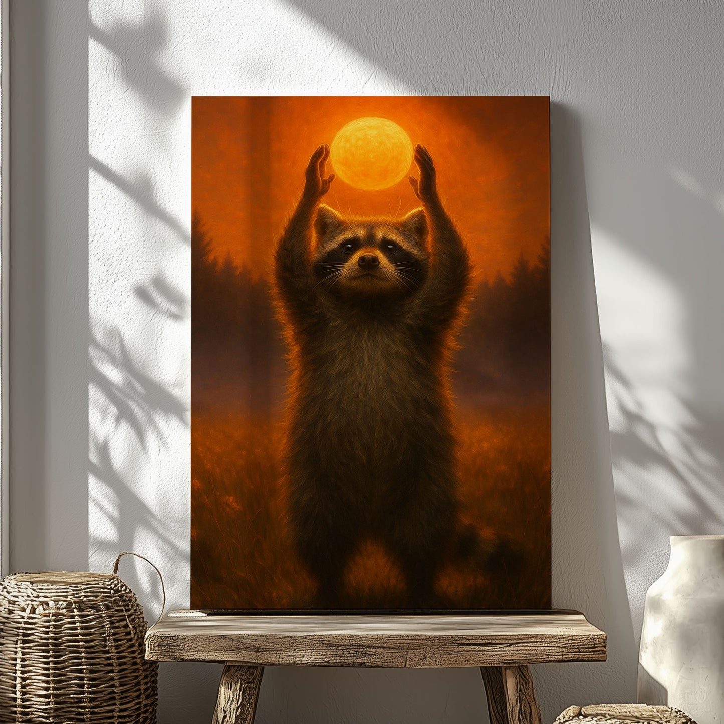 Raccoon Holding Sun Canvas Wall Art – Forest Sunset Wildlife Décor