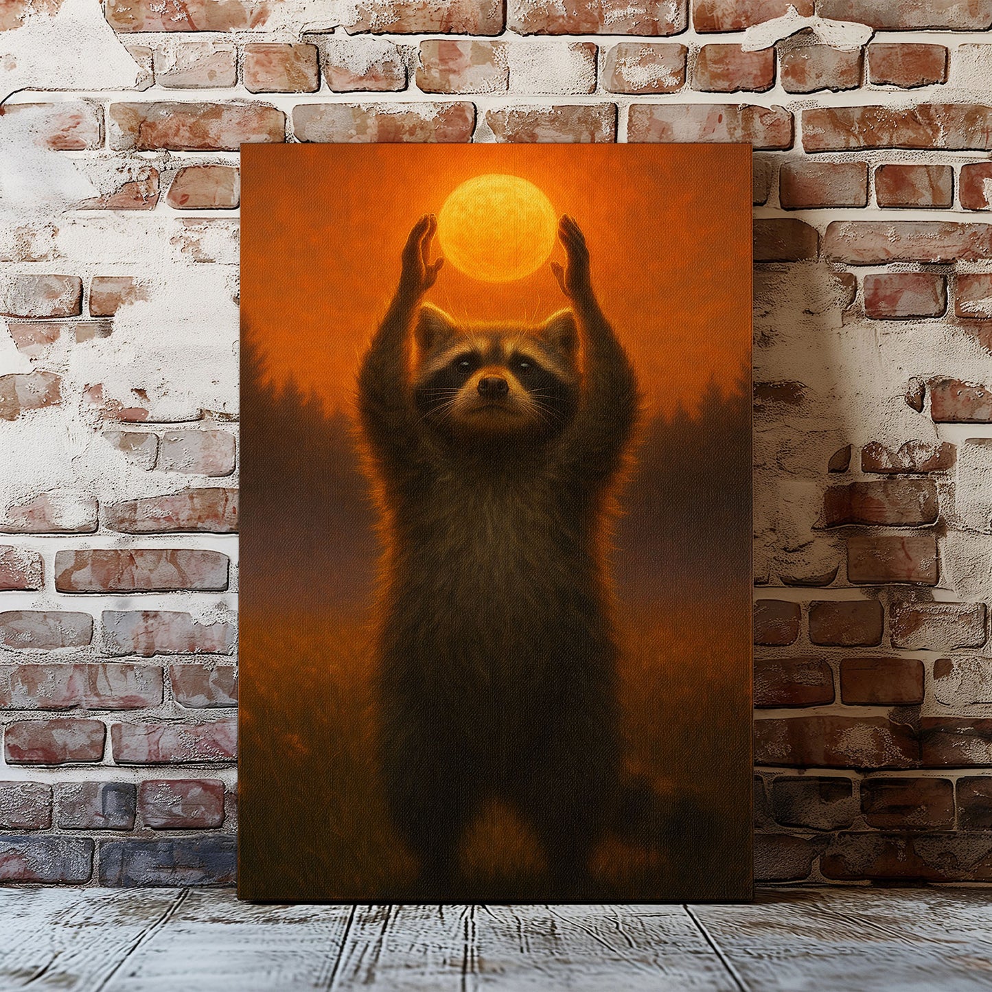 Raccoon Holding Sun Canvas Wall Art – Forest Sunset Wildlife Décor