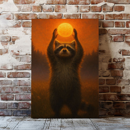 Raccoon Holding Sun Canvas Wall Art – Forest Sunset Wildlife Décor