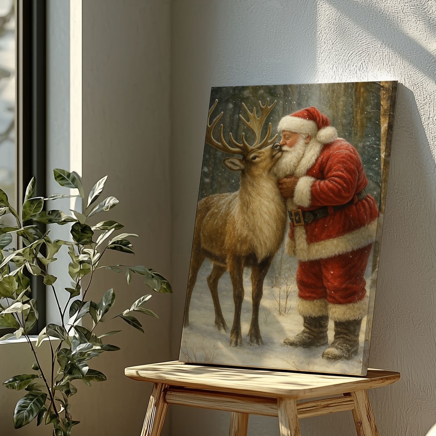 Christmas Deer Hunting Cabin Décor – Santa with Reindeer Canvas Print