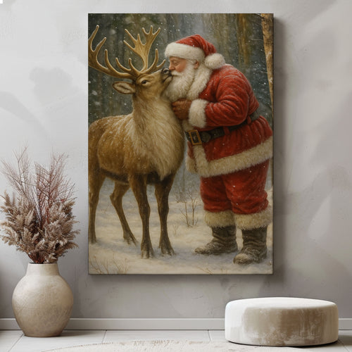 Christmas Deer Hunting Cabin Décor – Santa with Reindeer Canvas Print