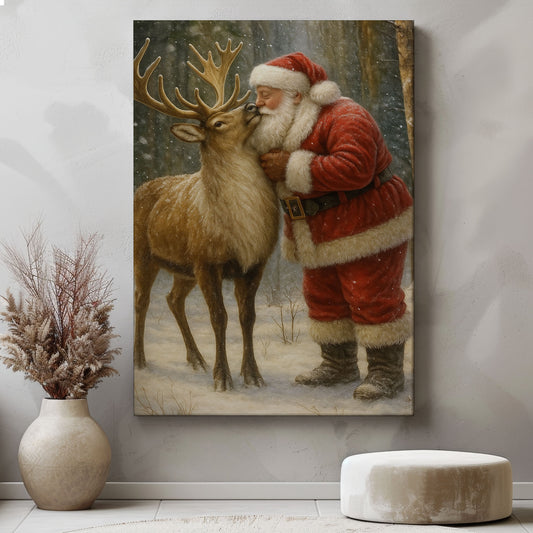Christmas Deer Hunting Cabin Décor – Santa with Reindeer Canvas Print