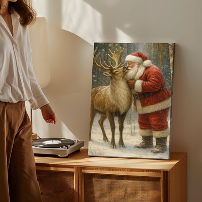 Christmas Deer Hunting Cabin Décor – Santa with Reindeer Canvas Print