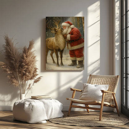 Christmas Deer Hunting Cabin Décor – Santa with Reindeer Canvas Print