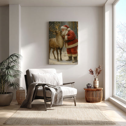 Christmas Deer Hunting Cabin Décor – Santa with Reindeer Canvas Print
