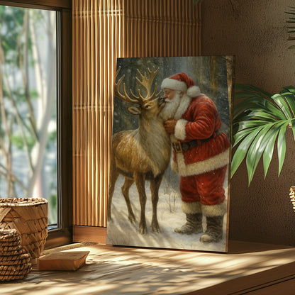 Christmas Deer Hunting Cabin Décor – Santa with Reindeer Canvas Print