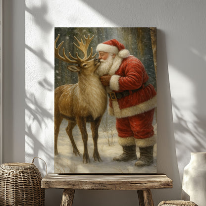 Christmas Deer Hunting Cabin Décor – Santa with Reindeer Canvas Print