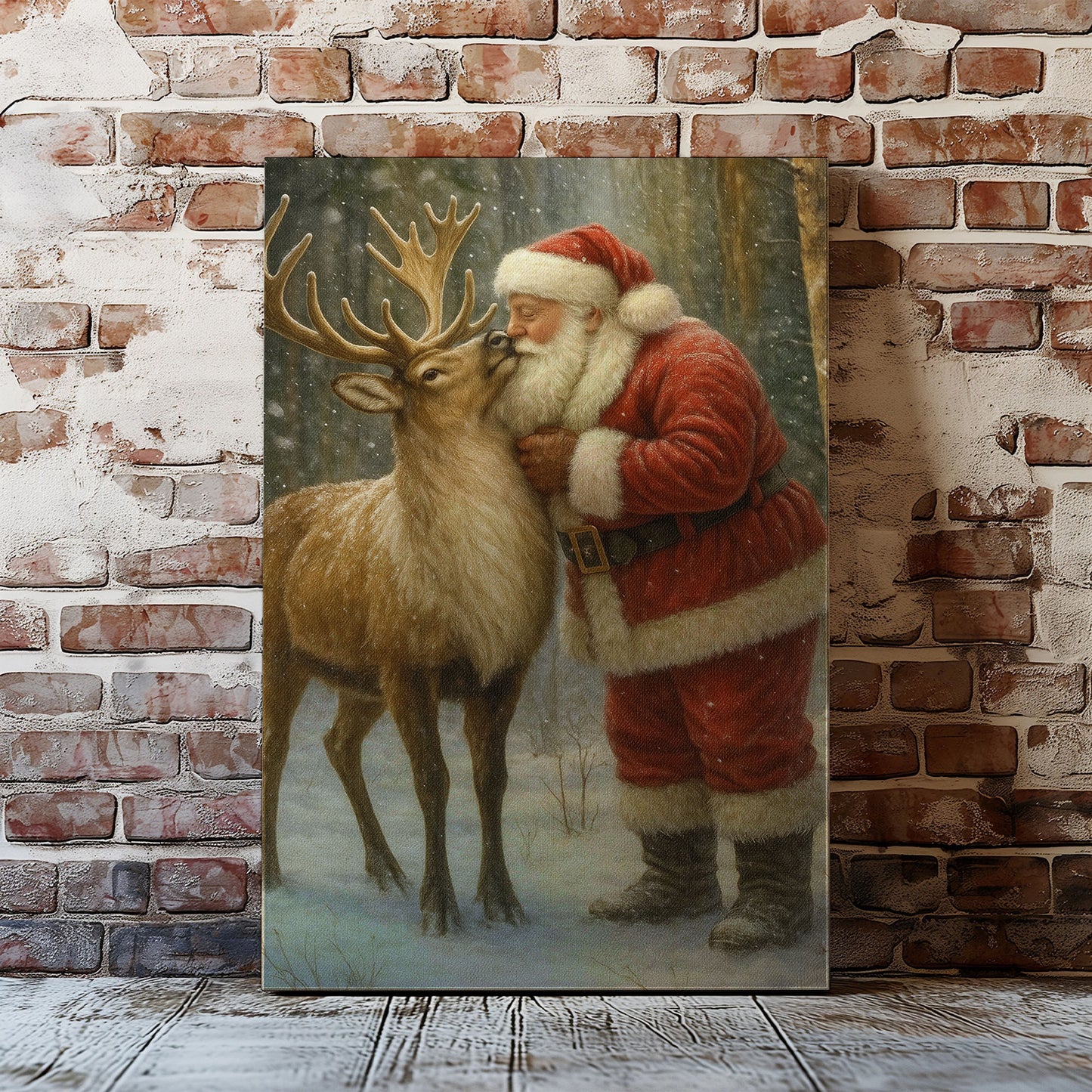 Christmas Deer Hunting Cabin Décor – Santa with Reindeer Canvas Print