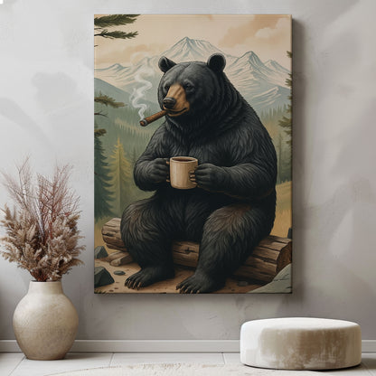 Rustic Bear Wall Art – Coffee & Cigar Cabin Decor Canvas for Hunters, Outdoorsmen & Lodge Gift