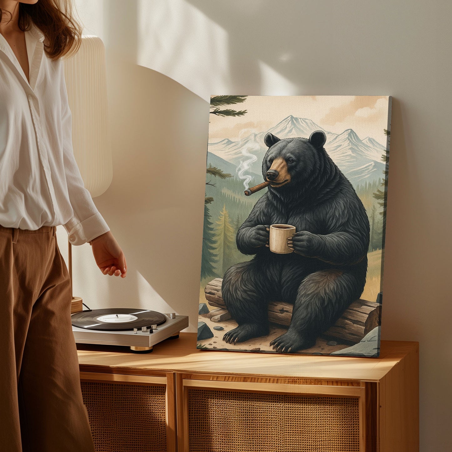 Rustic Bear Wall Art – Coffee & Cigar Cabin Decor Canvas for Hunters, Outdoorsmen & Lodge Gift